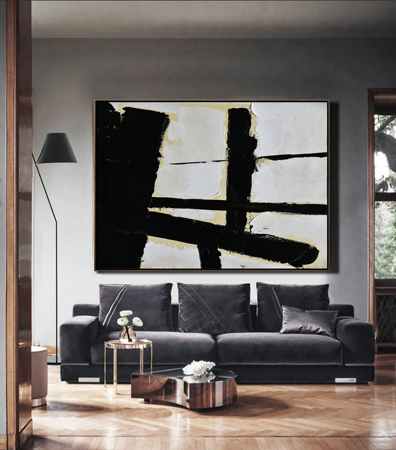 Acrylic Painting On Canvas,Horizontal Palette Knife Minimal Canvas Art Painting Black White Beige - Huge Abstract Canvas Art